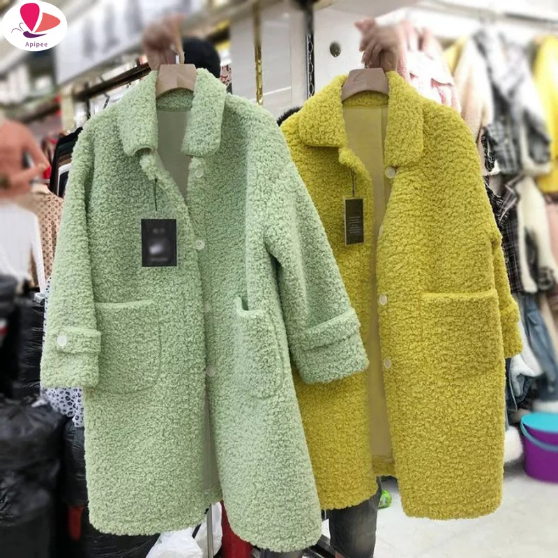 APIPEE Imitation Lamb Down Jacket Women Coat Fur Coat Winter 2024 Hanbok Women's Winter Coat Woman Made Fur Coat