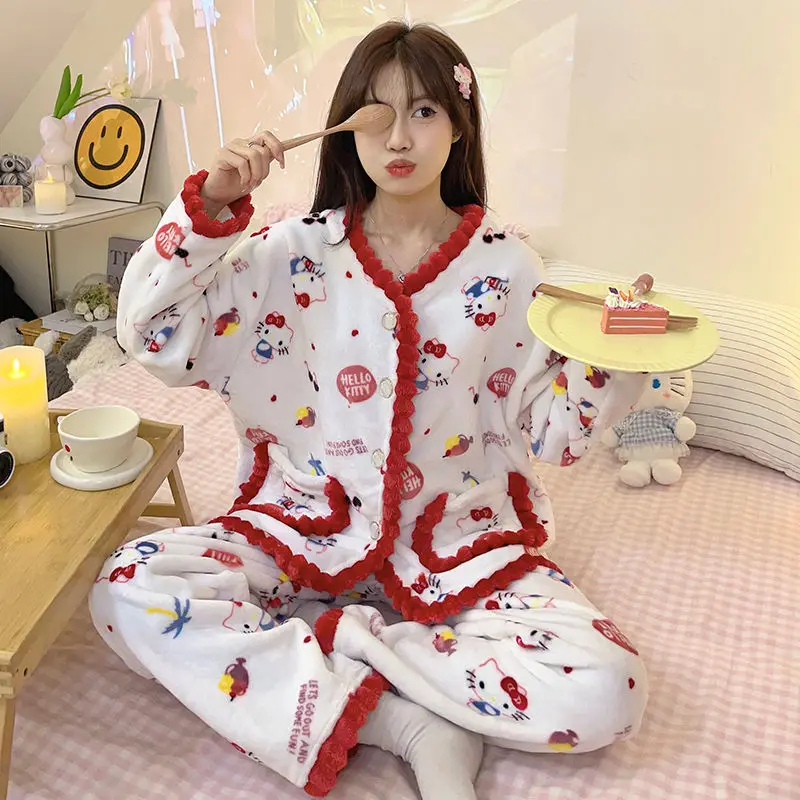 New Sanrio Sleepwear Hello Kitty Pajamas Warm Thickened Woman Winter Cartoon Home Suit Sweet Nightgowns Cute Loungewear Pj Pants