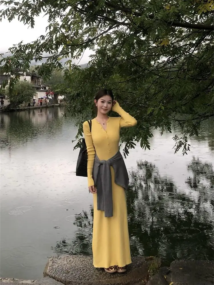 

Yellow Matronly Dr Women's Beautiful Spring New Sle High Waist A-Line Skirt Trendy Wrap Bodycon Dr Korean Sle Commute