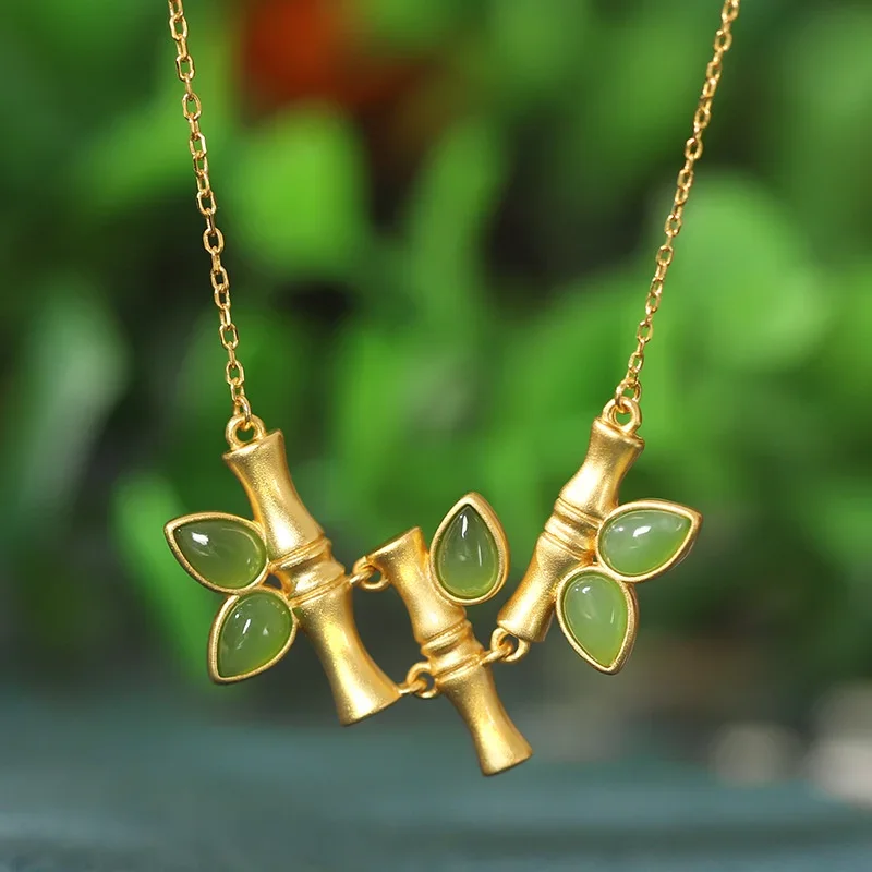 

Hot Selling Natural Hand-carved Jade Gufa Inlay Bamboo Joint Necklace Pendant Fashion Jewelry Men Women Luck Gifts