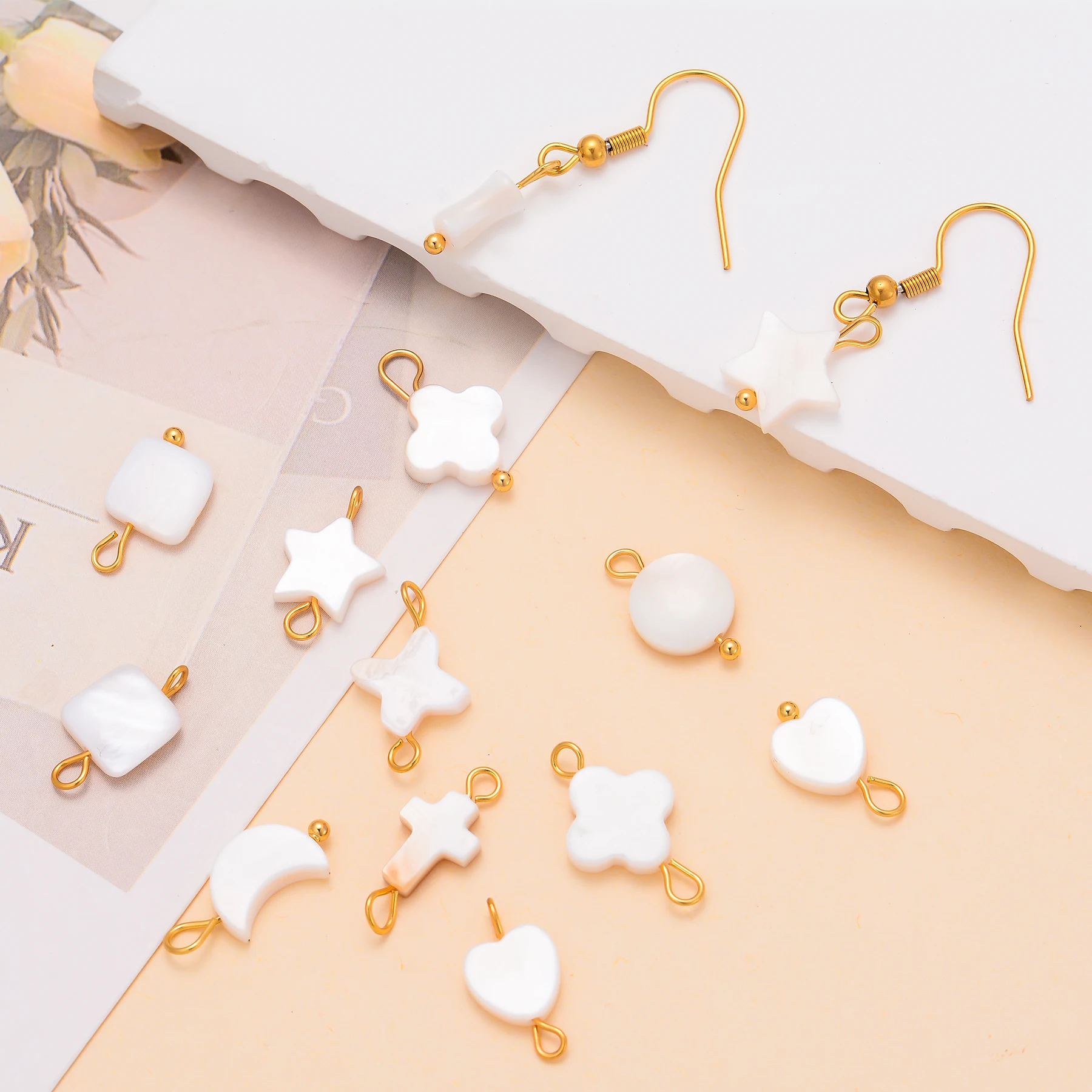 6 Stück/Set Natürliche Muschel-Herz-Stern-Blumen-Anhänger aus Edelstahl für Handgefertigten Schmuck, Nickelfrei – Detail 6