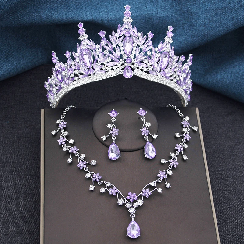 3Pcs Princess Crown Bridal Jewelry Sets for Women Tiaras and Flower Choker Necklace Earrings Wedding Dress Bride Jewelry Set
