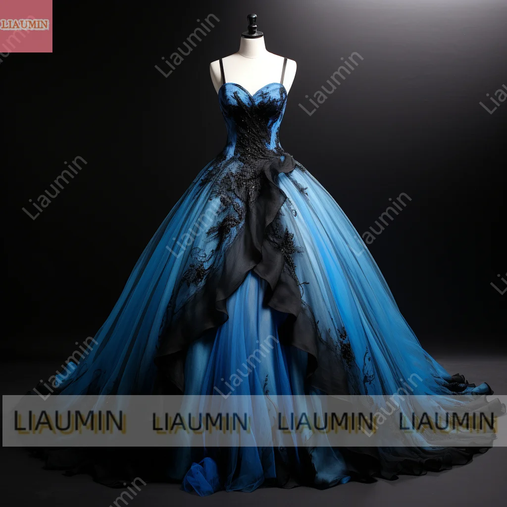 Blue Black Lace Edge Applique Strapless Ball Gown Full Length Evening Dress Formal Occasion Elagant Hand Made Customized W2-1