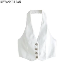 KEYANKETIAN spring and summer new women's hanging neck backless design single breasted tight short white vest top