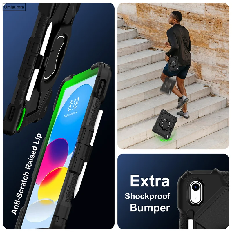 For IPad 9.7 7th 8th 9th 10.2 10th 10.9 11th A16 12th Gen 11 inch A19 Pull Ring Stand Strap Tablet Case Shockproof Rugged Funda