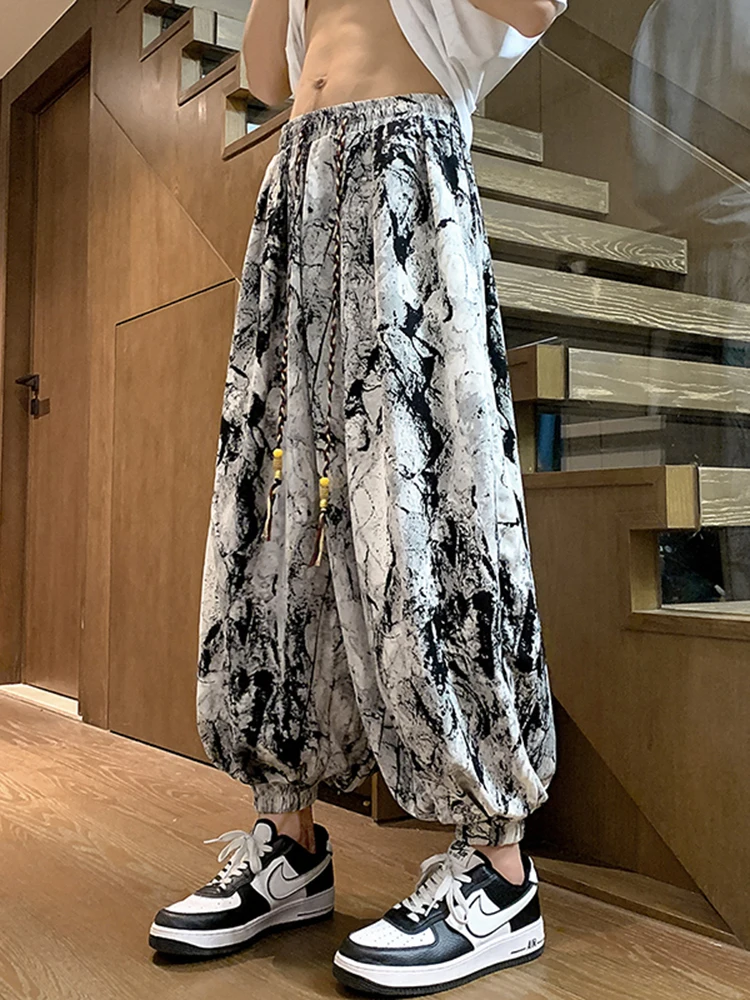 

New Chinese Sle Ice Silk Men's Summer Loose Dyeing Lantern Pants Spring Autumn Large Size Harlan Carrot Pants Straight Leg ...