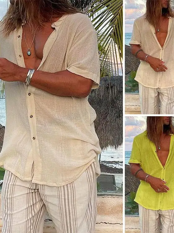 

Лето 2025: Мужская повседневная однотонная рубашка с воротником-стойкой, свободный крой, для пляжа, делового стиля, из тонкой ткани