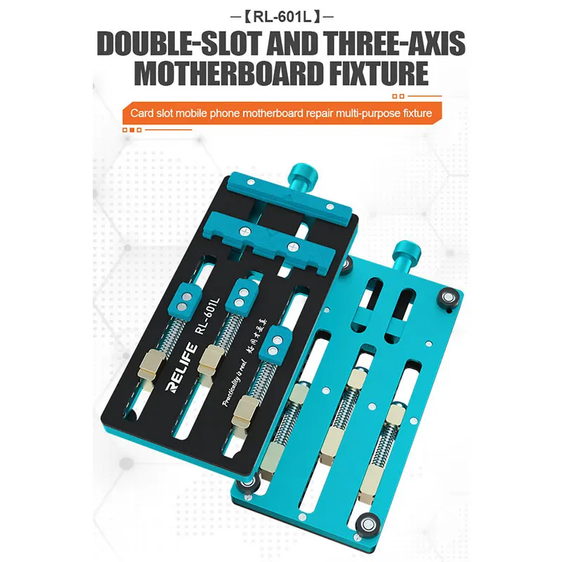 RELIFE RL-601L Double-Slot 3-Axis Motherboard Fixture - Precision Repair Jig for Odd-Shaped PCBs w/ Adjustable Push Rod & Slider