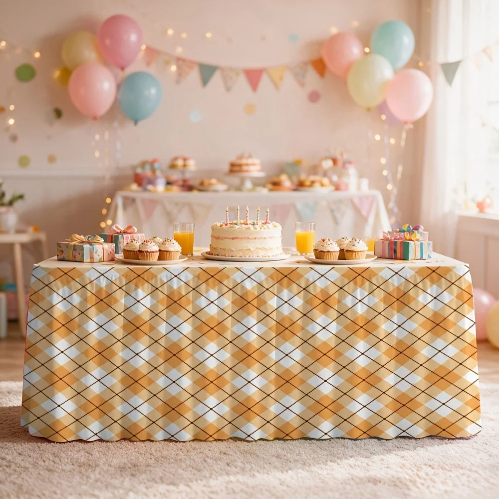 Simple style single-piece orange checkered printed table skirt, suitable for party events, kitchen and restaurant decoration