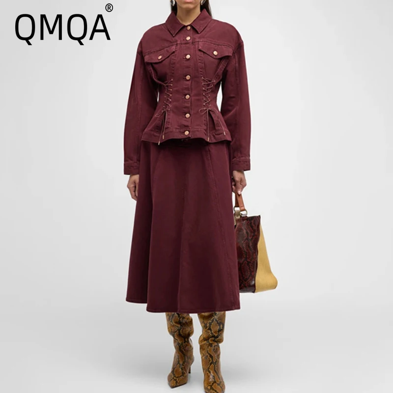 

QMQA Fashion Women's Solid Chic 2 Piece SetLapel Long Sleeve Coat High Waist A Line Skirt Slimming Sets Female New Clothes QM132