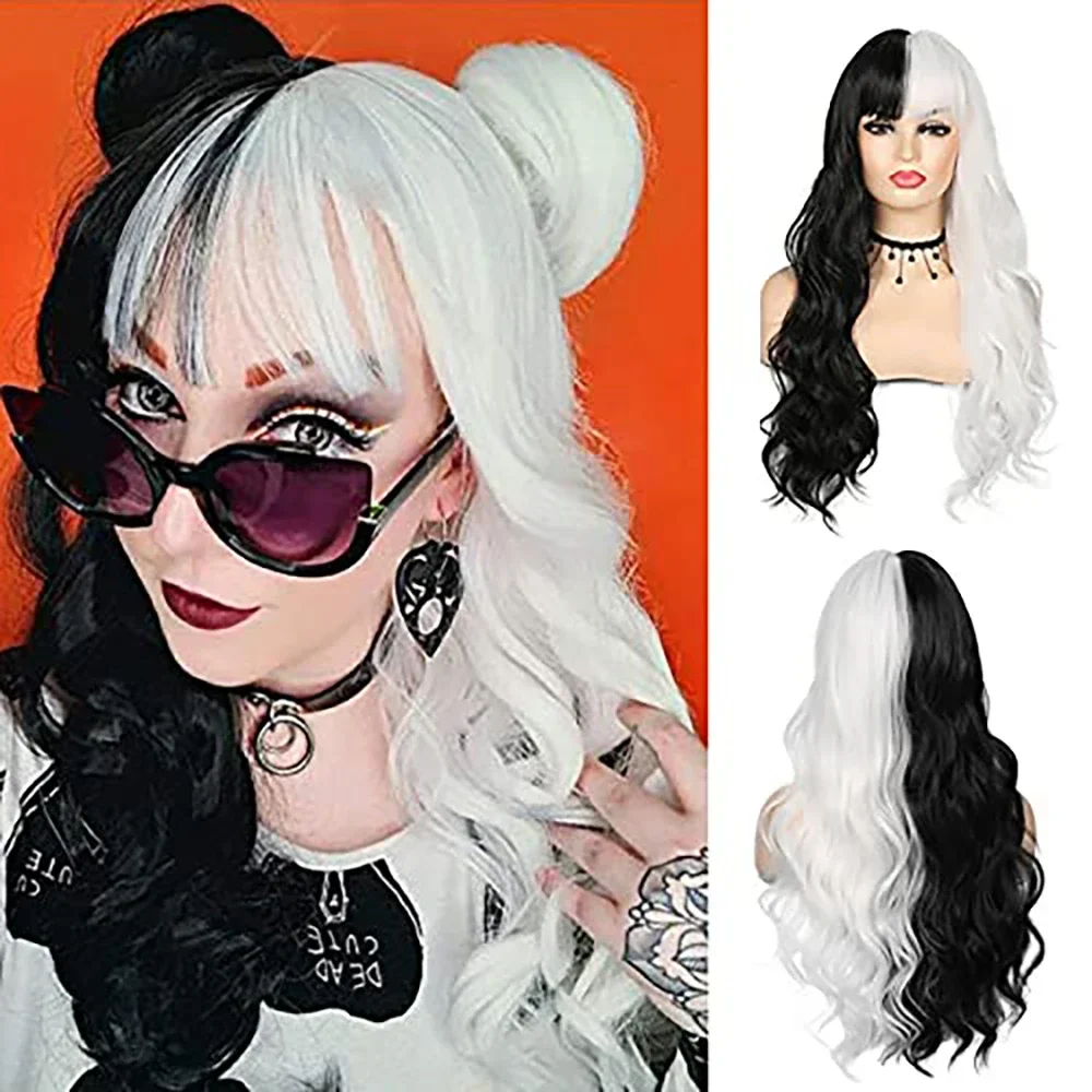 Lange halbe schwarze und weiße Perücke gewellte Frauen lockige Kostüm Perücken Lolita Cosplay Perücke für Halloween Karneval Party