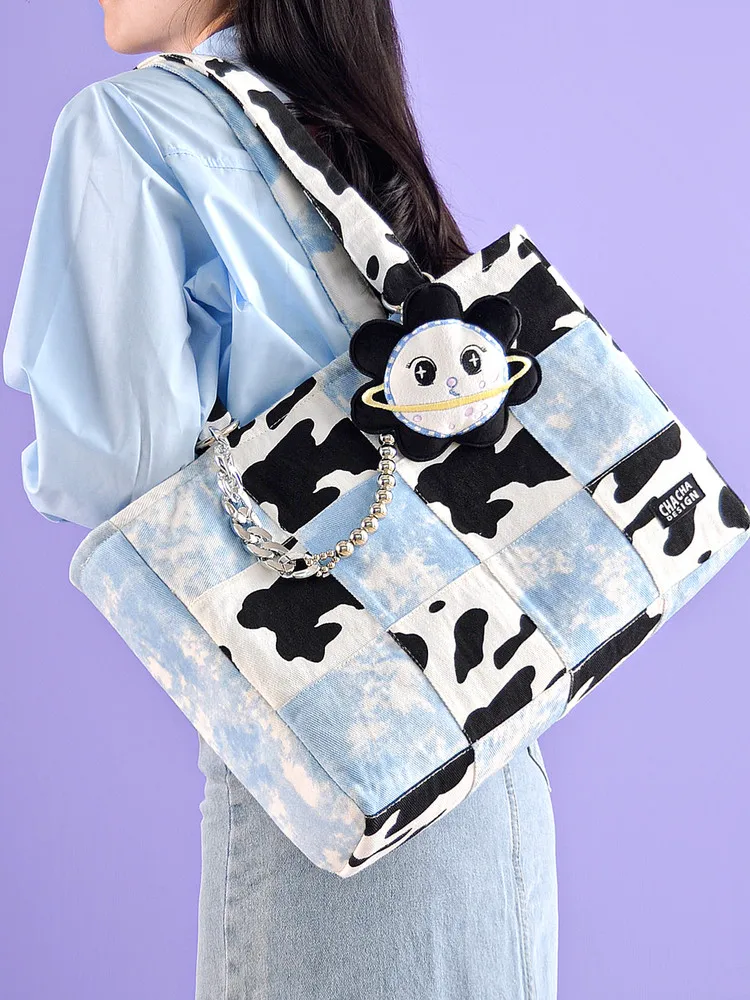 Sweet Lolita Original Cow Print Patchwork Canvas Tote Bag Women Large Capacity Laptop Bag For School Commute