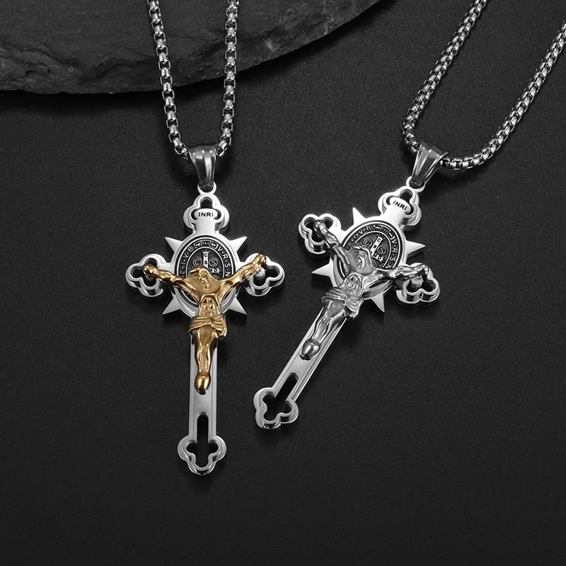 Saint St. Benedict Jesus Cross Pendant Stainless Steel Necklace Christian Amulet Prayer Jewelry for Men and Women