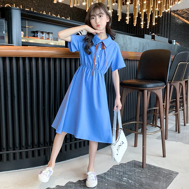 

2024 summer Kids Preppy Student waisted party Dresses Child Clothes Teens JK Uniform Girls Daily Wear button 4 5 8 10 9 12 year