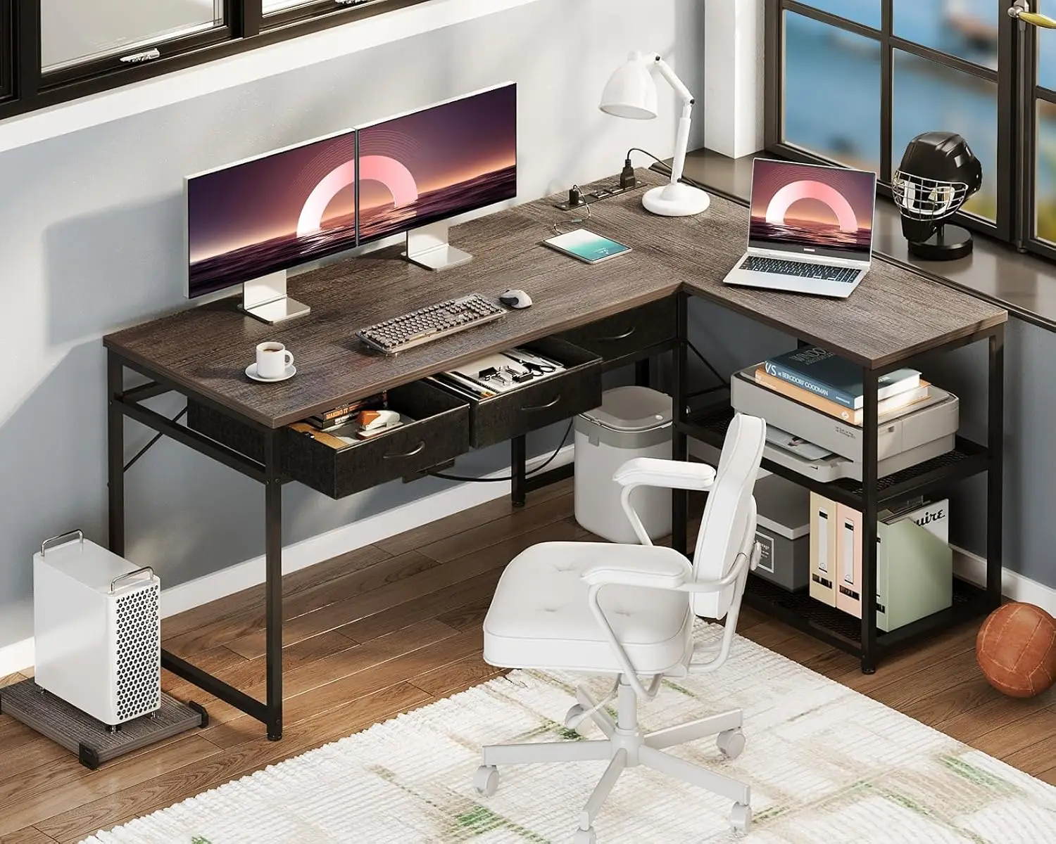 53 Inch L Shaped Computer Desk with Drawers, Corner Desk with Power Outlets & Reversible Storage Shelves, Movable CPU Stand