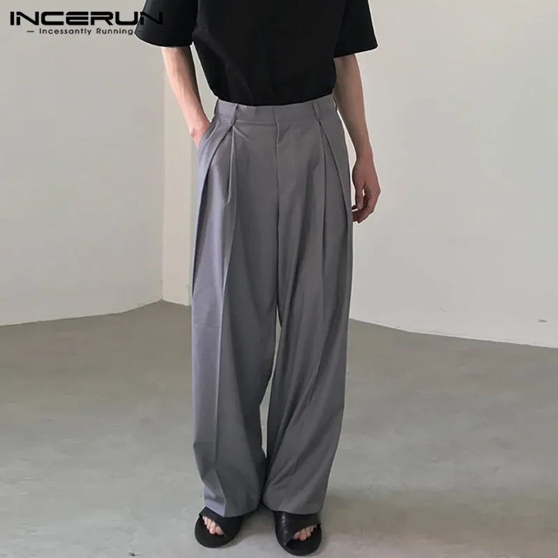 INCERUN 2024 Korean Style New Mens Trousers Casual All-match Wide Leg Long Pants Fashionable Street Solid Simple Pantalons S-5XL