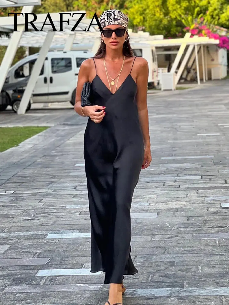 TRAFZA Dress For Women 2024 Summer Satin Sleeveless Backless V-Neck Female Chic Sexy Party Prom Long Dresses Woman Evening Dress