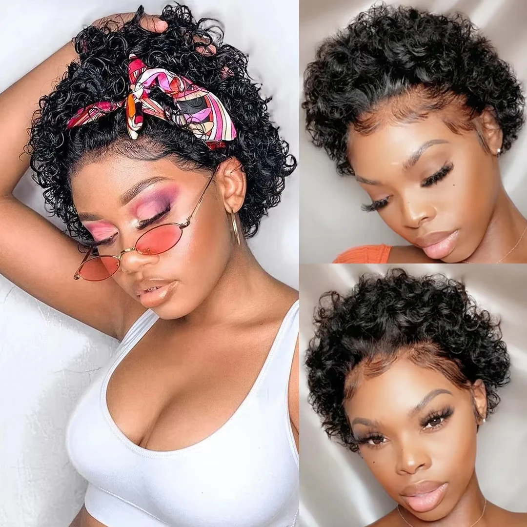 Kurze Lockige Echthaar-Perücken Pixie-Cut-Perücke Echthaar-Bob Glueless-Perücken 13x4 Lace-Front-Perücken aus Echthaar für Frauen mit Babyhaar