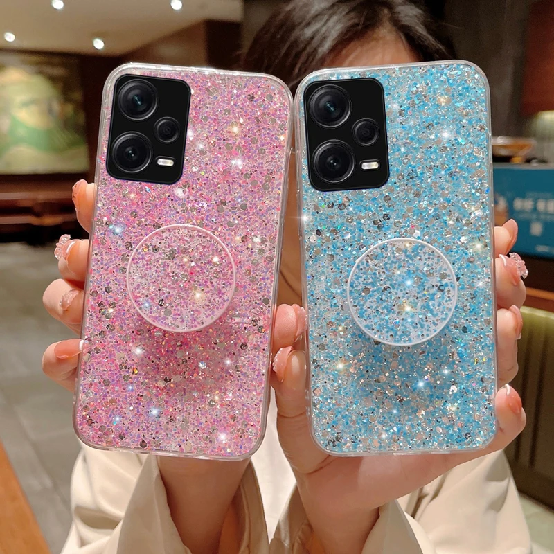 Shiny Glitter Gypsophila phone holder Case For Xiaomi POCO X5 X4 M4 Pro 5G Bling Gold Silver Foil Silicone Cover