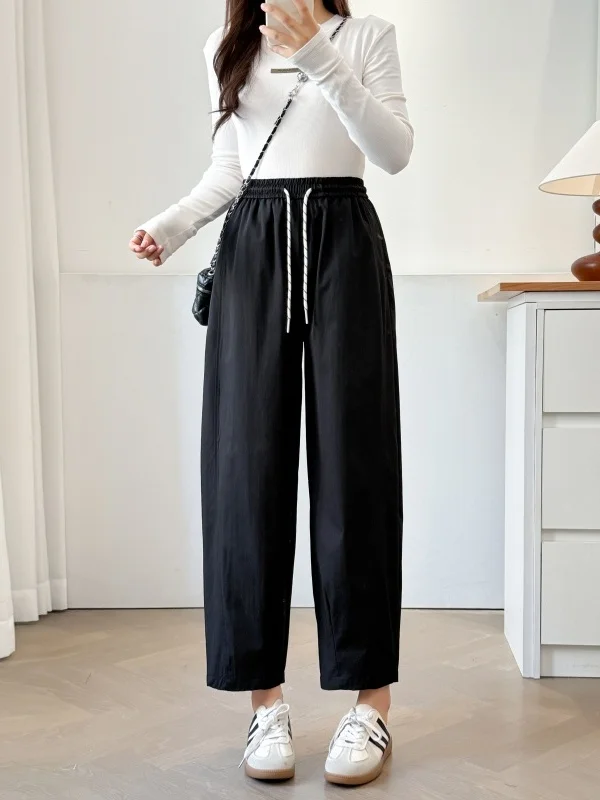 High Waist Drawstring Straight Leg Pants plus Size Korean Style Autumn Collection Slimming Balloon Pants Cover Hip Pants