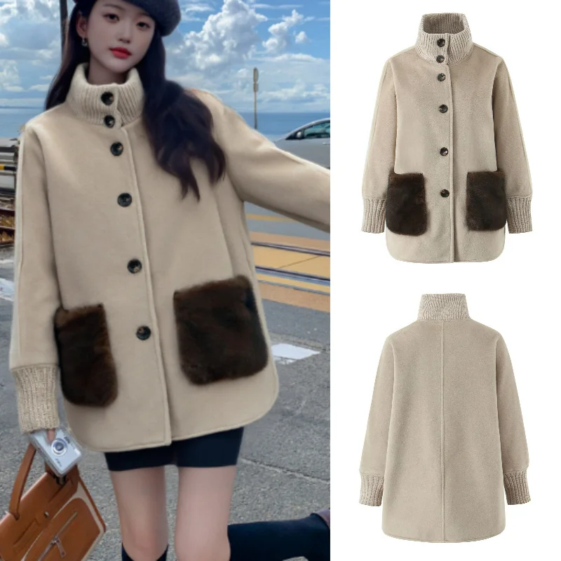 

Elegant Casual Women's Khaki Stand Collar Patchwork Coat Mid-Length Knit with Fur Pockets High-Street Style Autumn/Winter 2025