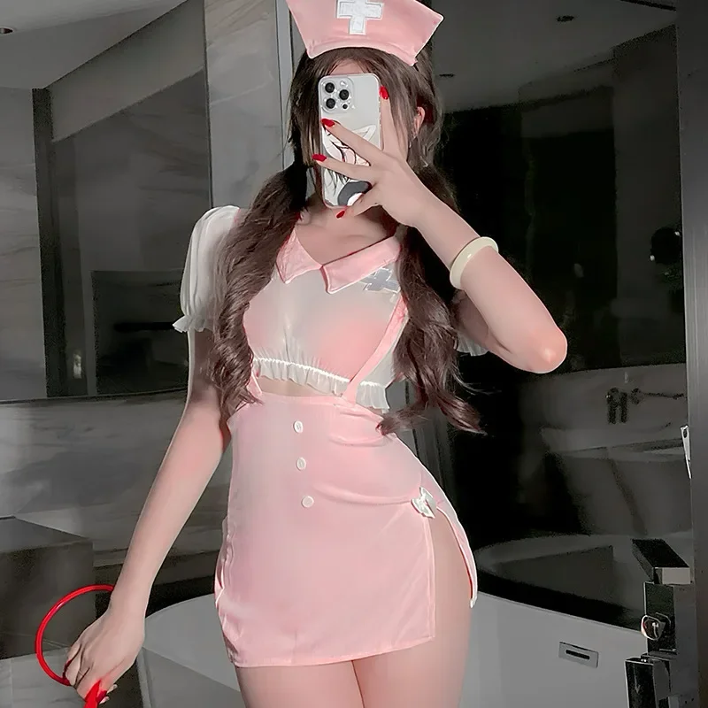 Cute Sexy Nurse Lingerie Cosplay Costumes Perspective Lace Dresses with Nurse Cap Women Erotic Porno Underwear Flirt Sex Uniform