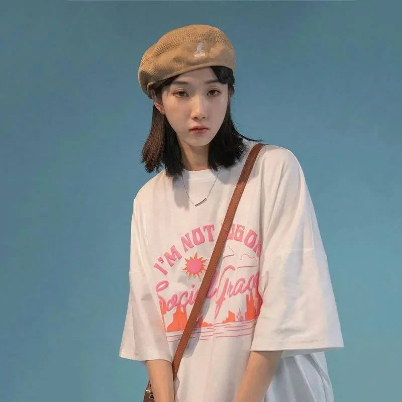 تيشيرت نسائي صيفي 2022 مطبوع عليه حروف وردية 100% قطن بأكمام قصيرة هاراجوكو تي شيرت كبير الحجم للسيدات لطيف وجميل