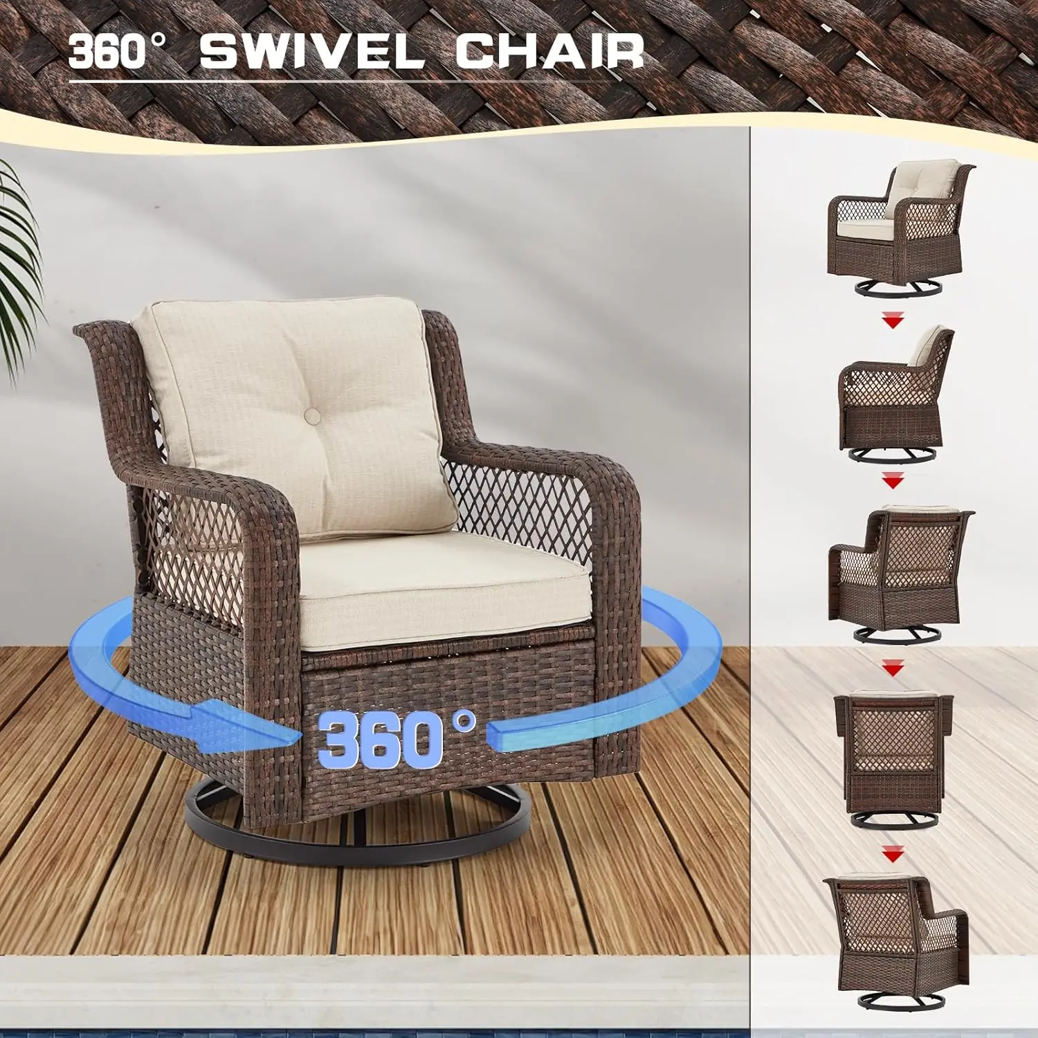 Outdoor Patio Furniture Set Wicker Sectional Couch Conversations Sets Rattan Sofa w/ 360° Swivel Rocking Chairs for Lawn Garden