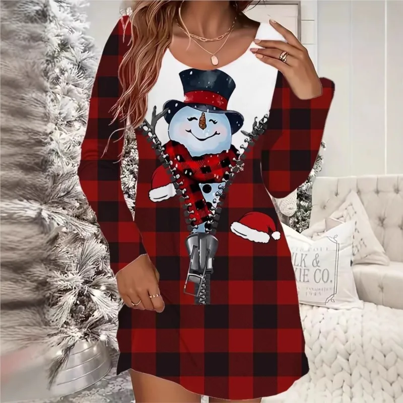 

Женское рождественское повседневное платье со снежинками и принтом рождественской елки, с длинным рукавом и круглым вырезом, микроэластичные платья для женщин, Vestido