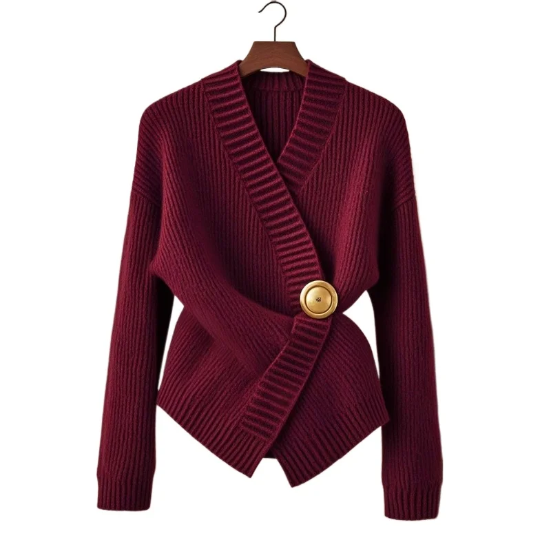 

Spring Fall Women V Neck Knitted Sash High Waisted Wine Red Irregular Sweater , Woman Slim Office Lady Knitting Sweaters