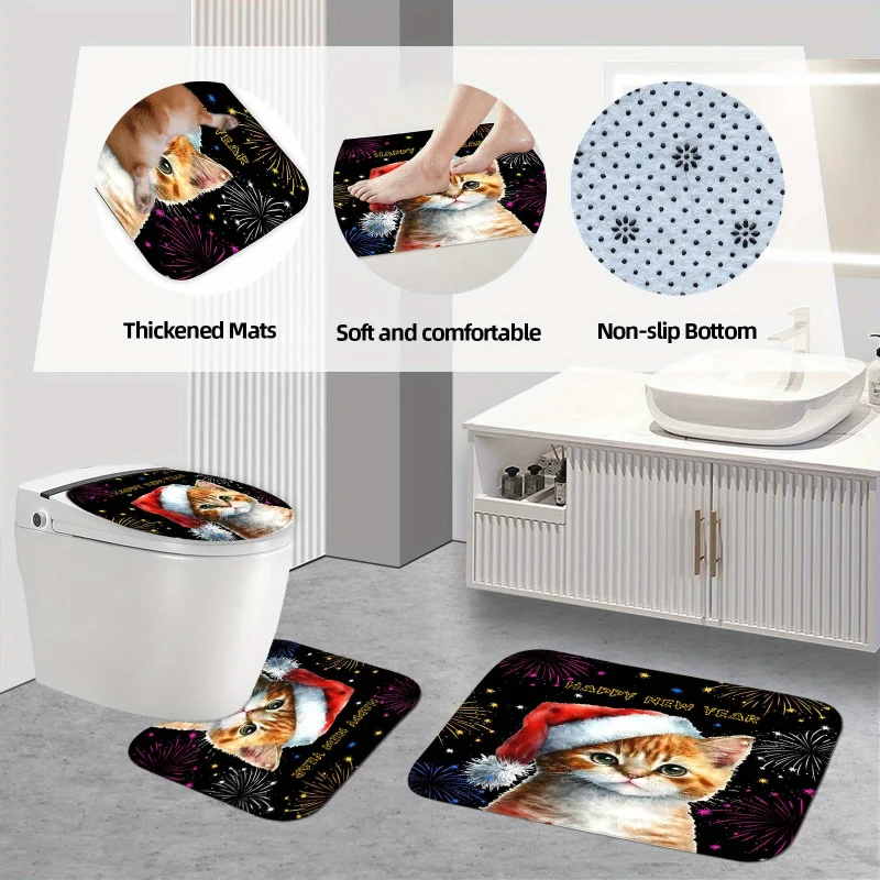 Happy New Year 4pcs Set with Fireworks & Cat Design - Includes Waterproof Shower Curtain, Non-Slip Bath Mat, U-Sh