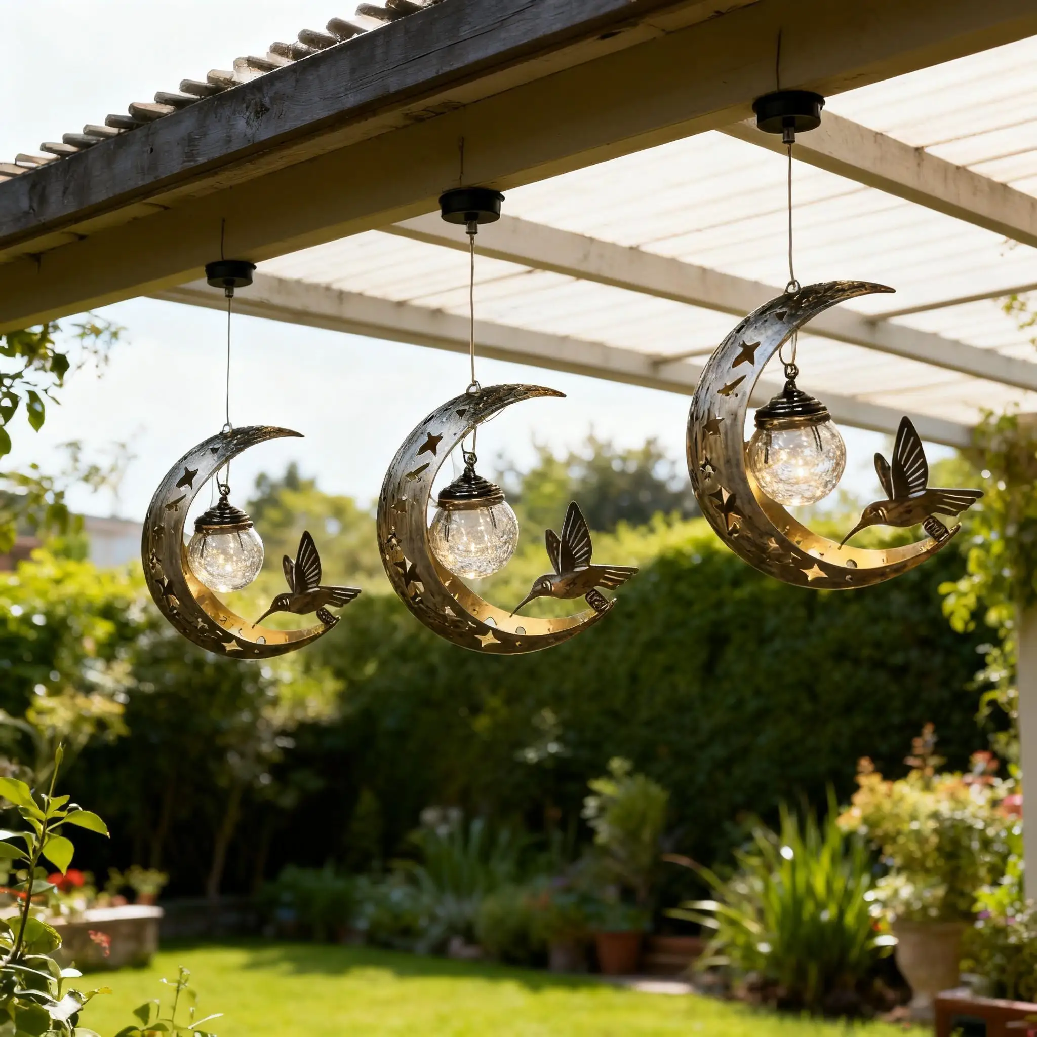 

Подвесной фонарь в форме луны на солнечной энергии, декор для патио на открытом воздухе с украшениями в виде колибри и стеклянных шаров, идеально подходит для праздничных подарков