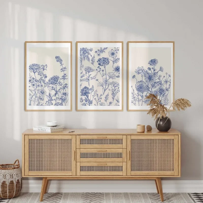 Multiple sizes 1pc frameless Canvas Painting,Blue Botanical Chinoiserie Poster Minimalist Floral 3 Pieces Canvas Painting Modern