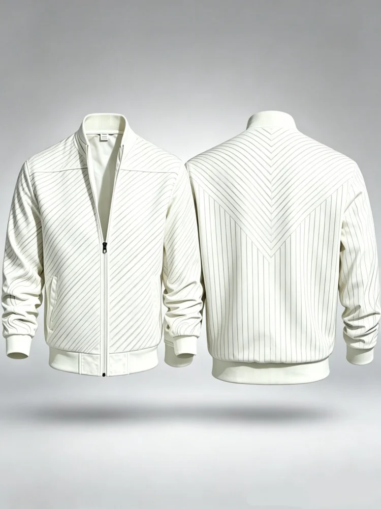 Men Slim Stand Collar Zip Bomber Jacket With Pockets White Chevron Pinstripe Minimalist Smart Casual Coat
