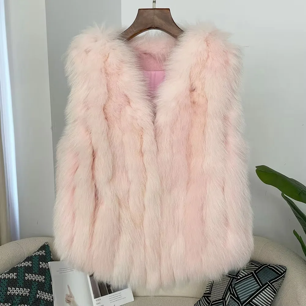 여성용 진짜 여우 모피 재킷, 민소매 천연 가죽 조끼, 두껍고 따뜻한 코트, 양면 우아한 브이넥 재킷, 2024 겨울