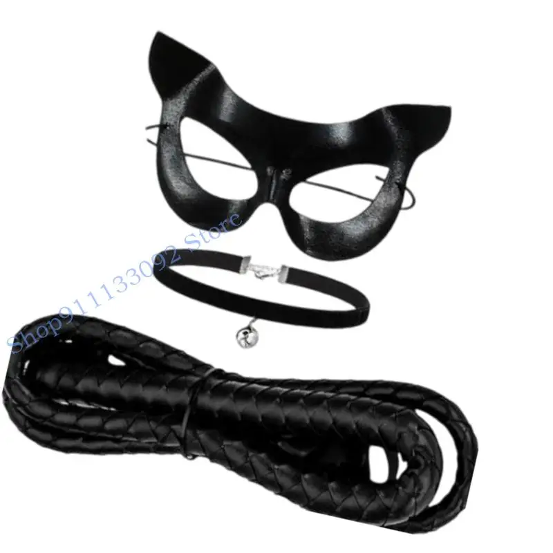 مجموعة قناع الوجه للقطط من H9ED، مجموعة سوط بياقة أجراس، إكسسوارات أزياء القطط السوداء للنساء #2