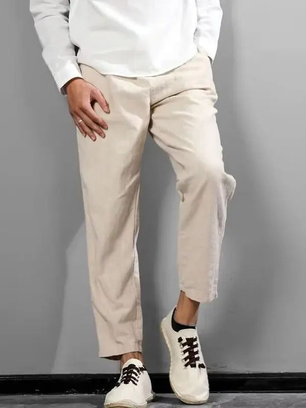 

Мужские летние тонкие льняные брюки из хлопка премиум-класса, белые, свободного кроя, длинные, с узкими штанинами, комплект из девяти предметов