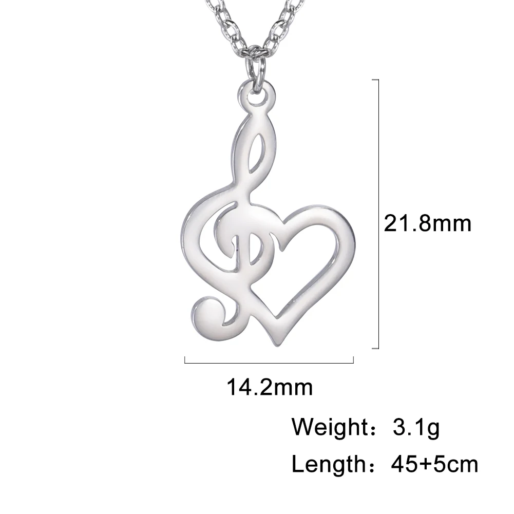 Heart Music Note Treble Necklace Gift For Girl Woman Men Kid Child Musical Symbol G Clef Chain Stainless Steel Pendant Jewelry