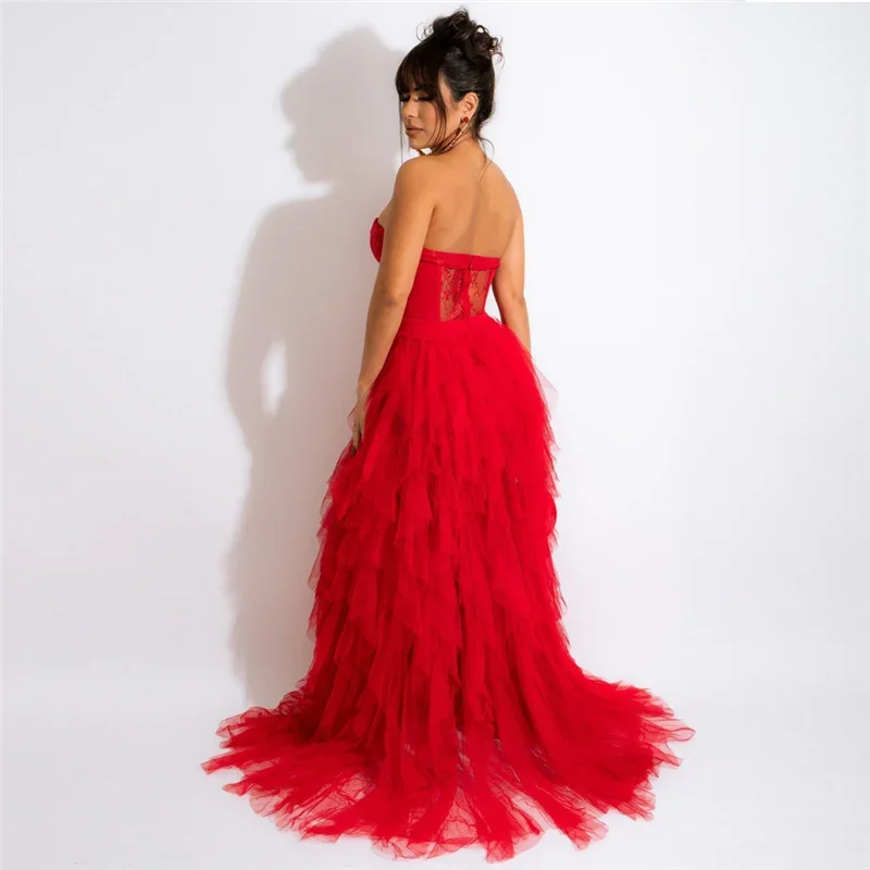 Sexy Tulle Cascading Ruffles Evening Long Dresses for Women Elegant Off Shoulder Strapless Croset Lace Maxi Dress Ball Gown