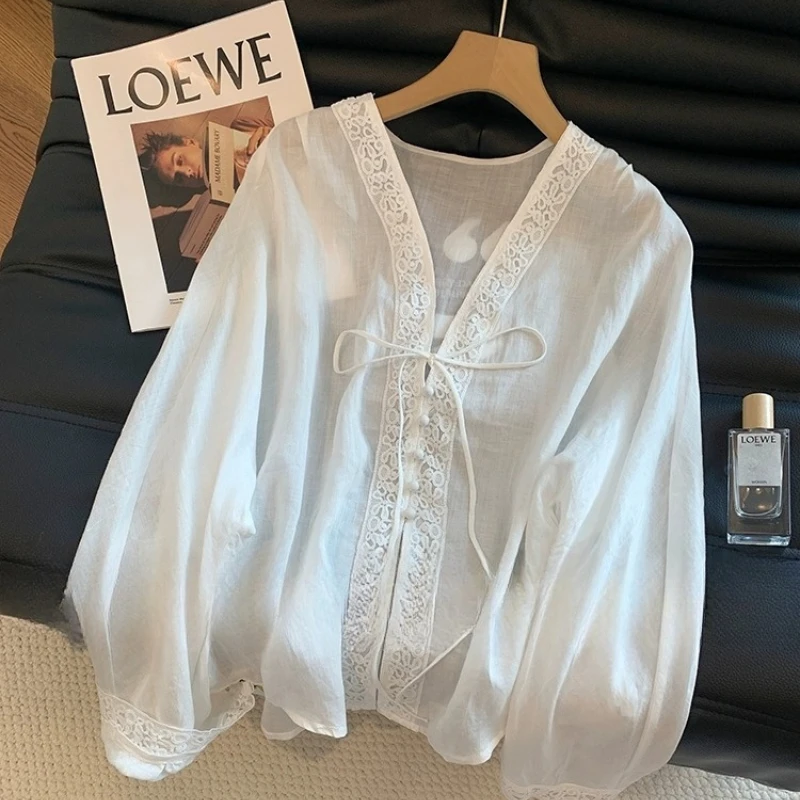 

Chinese Style Women's Blouses Solid Vintage Shirts Fashion Loose Summer Clothing V-neck Long Sleeved Cotton Linen Women Tops