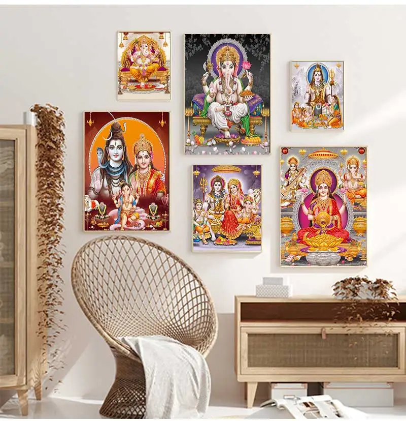 India Hindu Golden Ganesha Temple Poster Shiva Parvati Painting Canvas Prints Elephant God Religion Picture Room Hoom Wall Decor