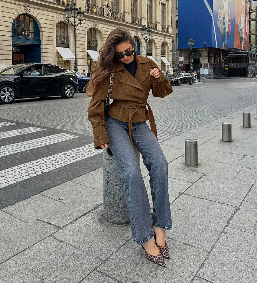 여성 캐주얼 브라운 더블 브레스티드 재킷 빈티지 스웨이드 봄버 재킷 벨트 라펠 코트 기본 아우터웨어 가을 겨울 패션