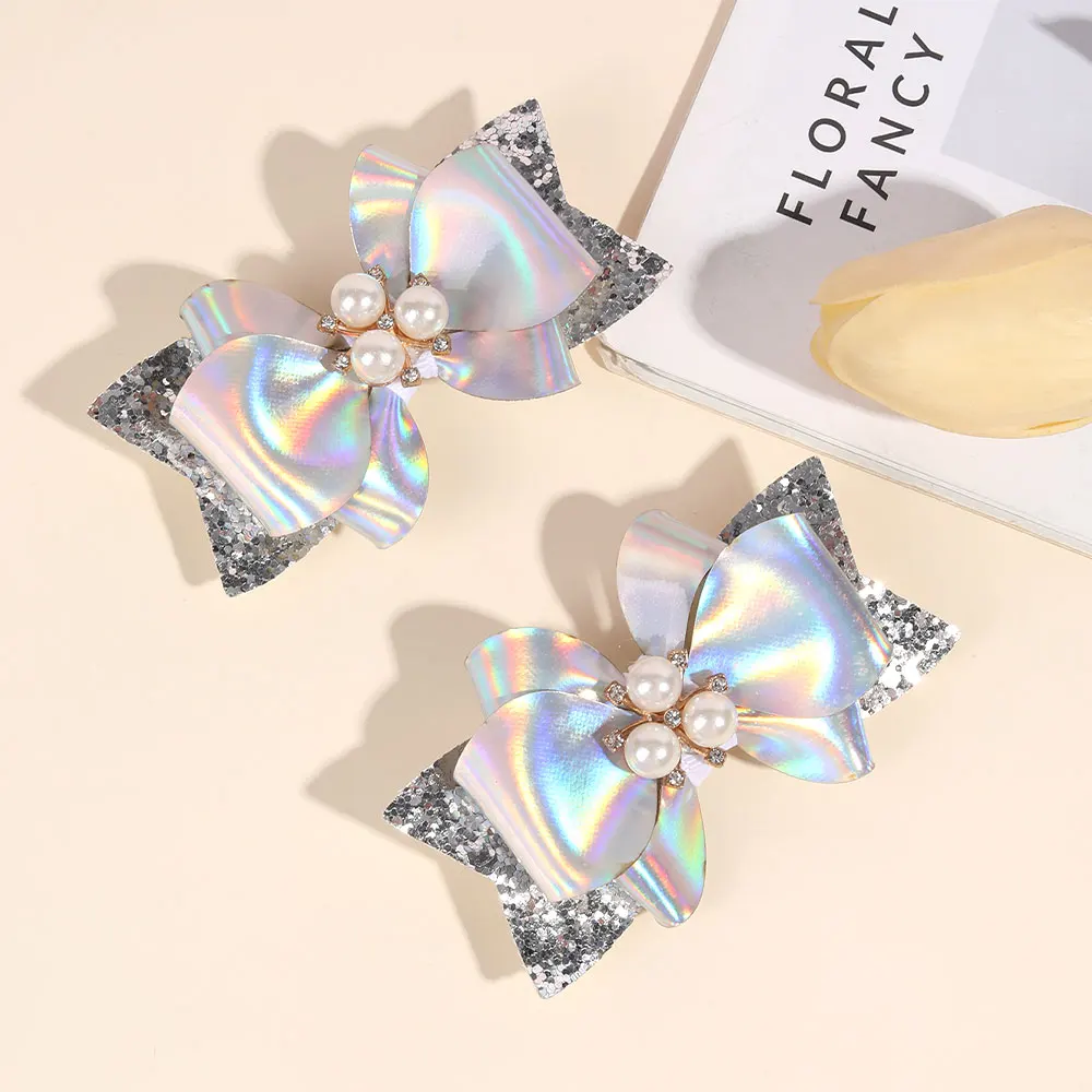 2pcs PU Leather Bows Hair Clip Girls Glitter Bowknot Hairpins Barrettes Boutique Hairgrips Pearl Headwear Hair Accessories