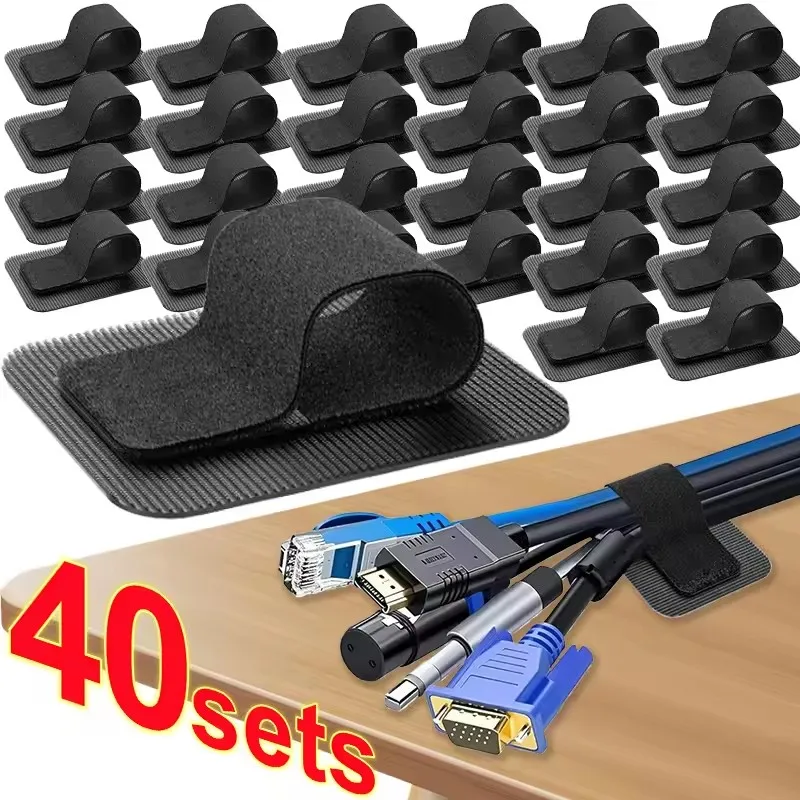4-40 Sets Cable Management Under Desk Wire Holder Cord Organizer Adjustable Hook and Loop Adhesive Cable Ties Cables Holders