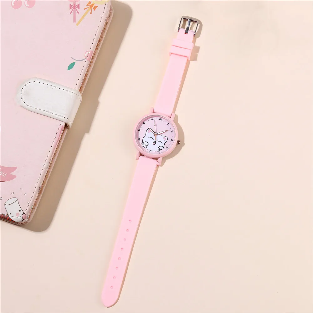 لطيف جميل سيليكون الفرقة القط نمط الكوارتز ساعة الأطفال