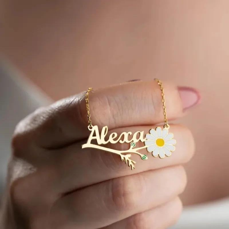 

Roro‘s Personalized Colorful Enamel Daisy Name Necklace Gold Nameplate Pendant with Flower Custom Floral Birth Jewelry Gift
