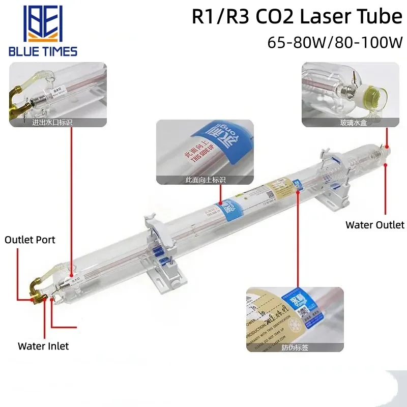 Bliuetimes YongLi 65 واط 80 واط 100 واط CO2 الليزر GlassTube R1/R3 طول 1050/1250 مللي متر ضياء 80 مللي متر لآلة القطع بالليزر CO2