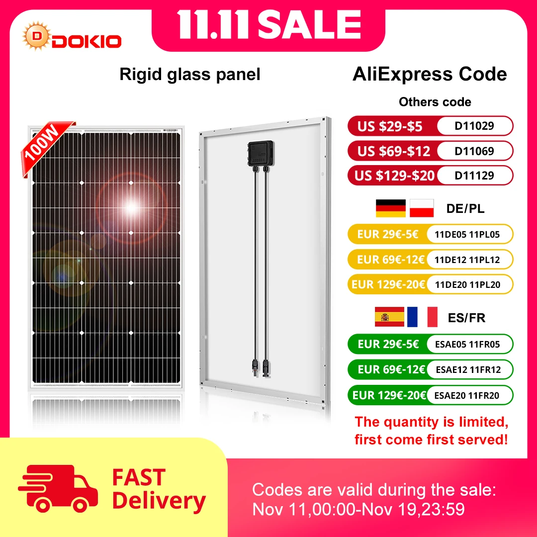 DOKIO 18V 100W Rigid Solar Panel China 18V Monocrystalline Silicon Waterproof Solar Panel Charging 12V #DSP-100M Camping/Home/RV