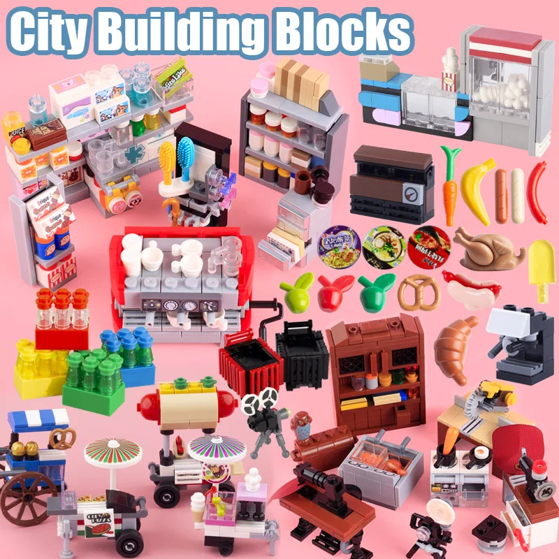 MOC City Supermarket House Furniture Building Blocks Sewing Machine Shelf Camera Roadside Stand Coffee Machine Food Drink Bricks