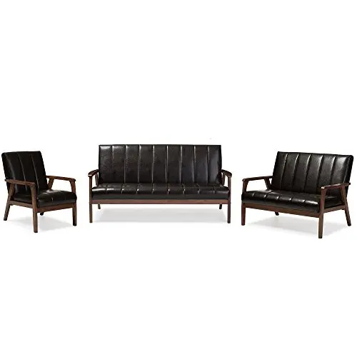 

Dark Brown Mid-Century 3-Seater Wooden Sofa Set With Faux Leather Upholstery Scandinavian Design